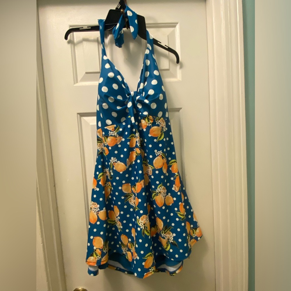 Retro Polka Dot and Lemon Halter Bathing suit Dress